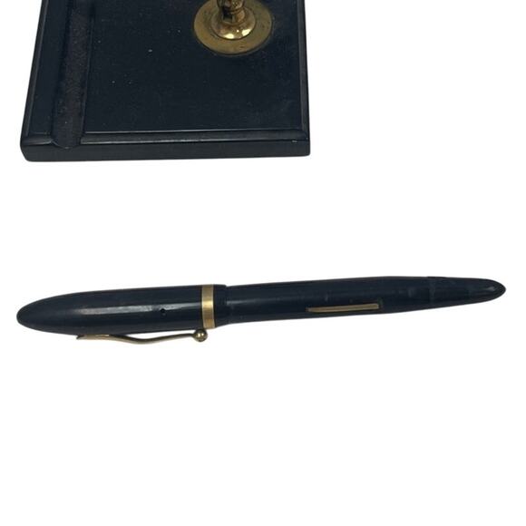 Vintage Sheaffers Black Fountain Pen Glass Base Inkwell Desk Stand Writing Set - Picture 4 of 8